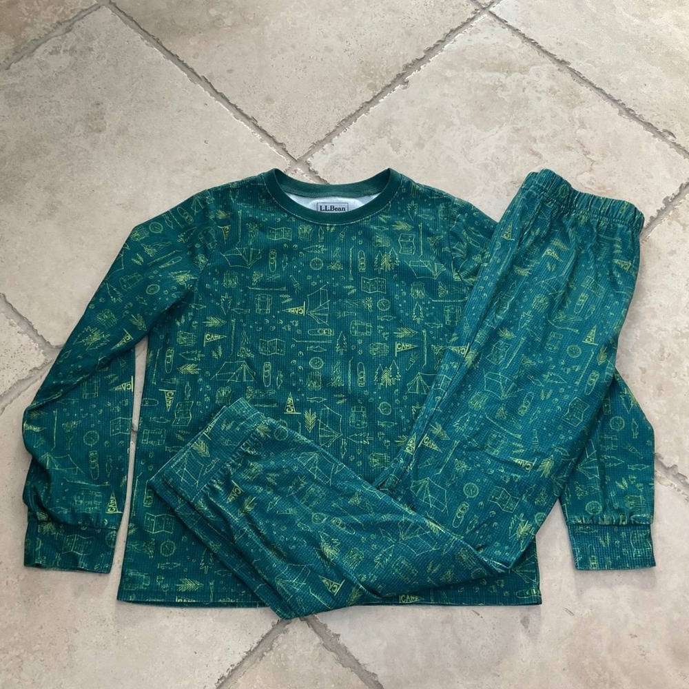 LL Bean Kids Long Base Layer Teal Green Size L 14-16 Polyester pajamas
